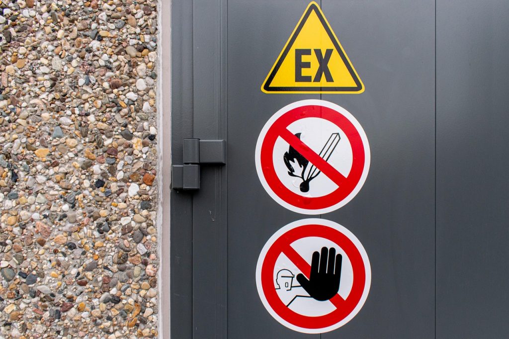 forbidden, prohibition signs, warning signs, steel door, power box, no open fire, unauthorized prohibited, risk of explosion, close up, insert, closeup